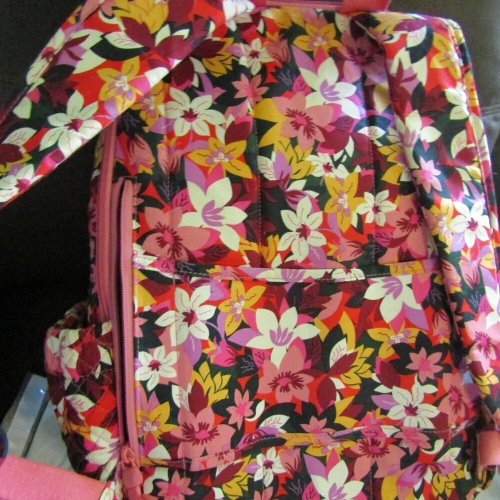 New NWT VERA BRADLEY Large Colorful Floral Pattern BACKPACK Orange Pink Black
